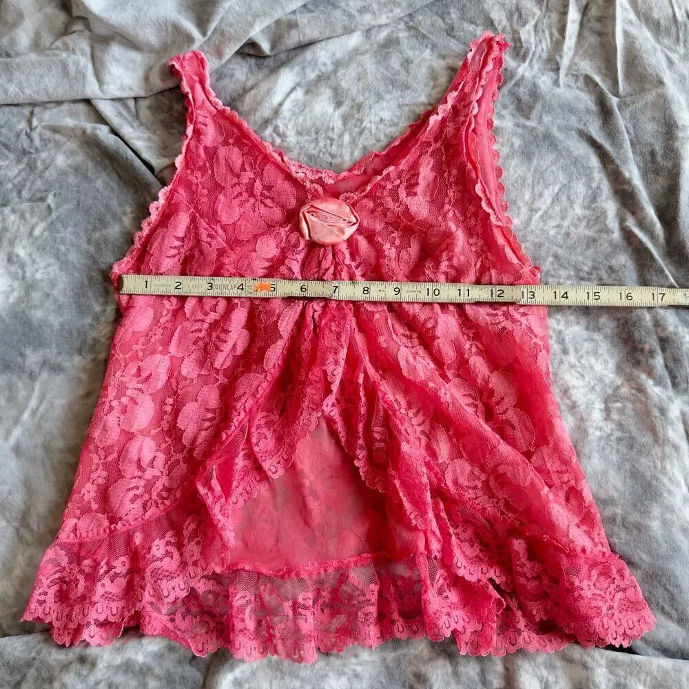 Red Lace 1960s Babydoll Cami Sleeveless Top Hand Dyed Vintage Lingerie Rosette - Picture 10 of 14